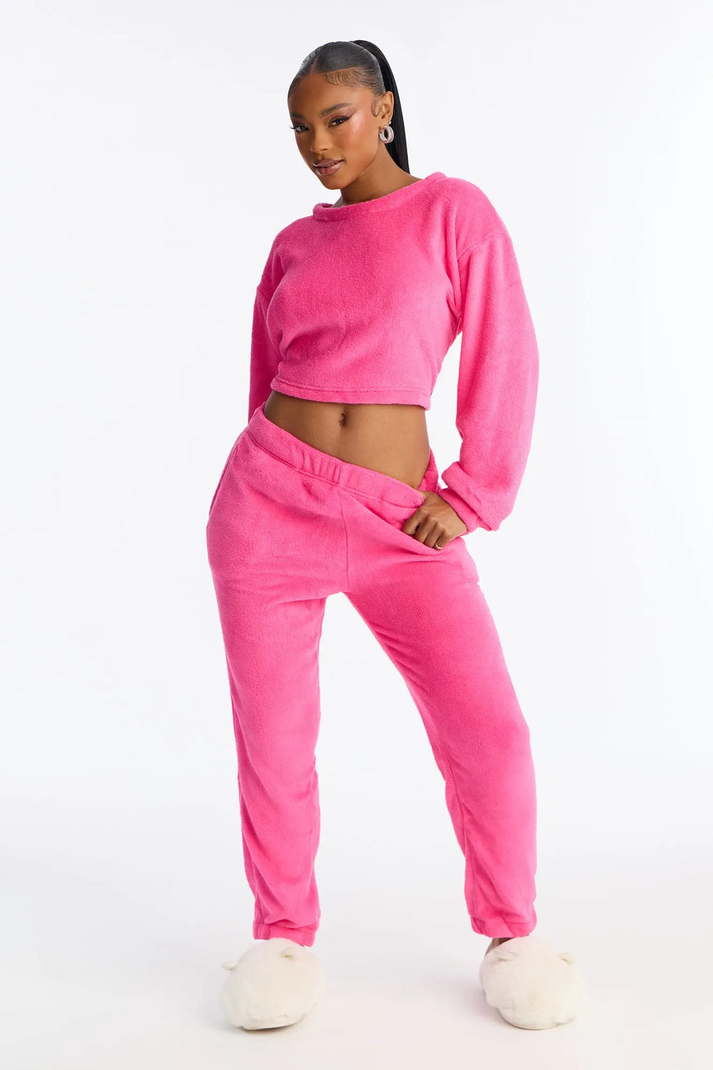 Keep You Cozy Plush Crew Neck PJ Jogger Set - Black