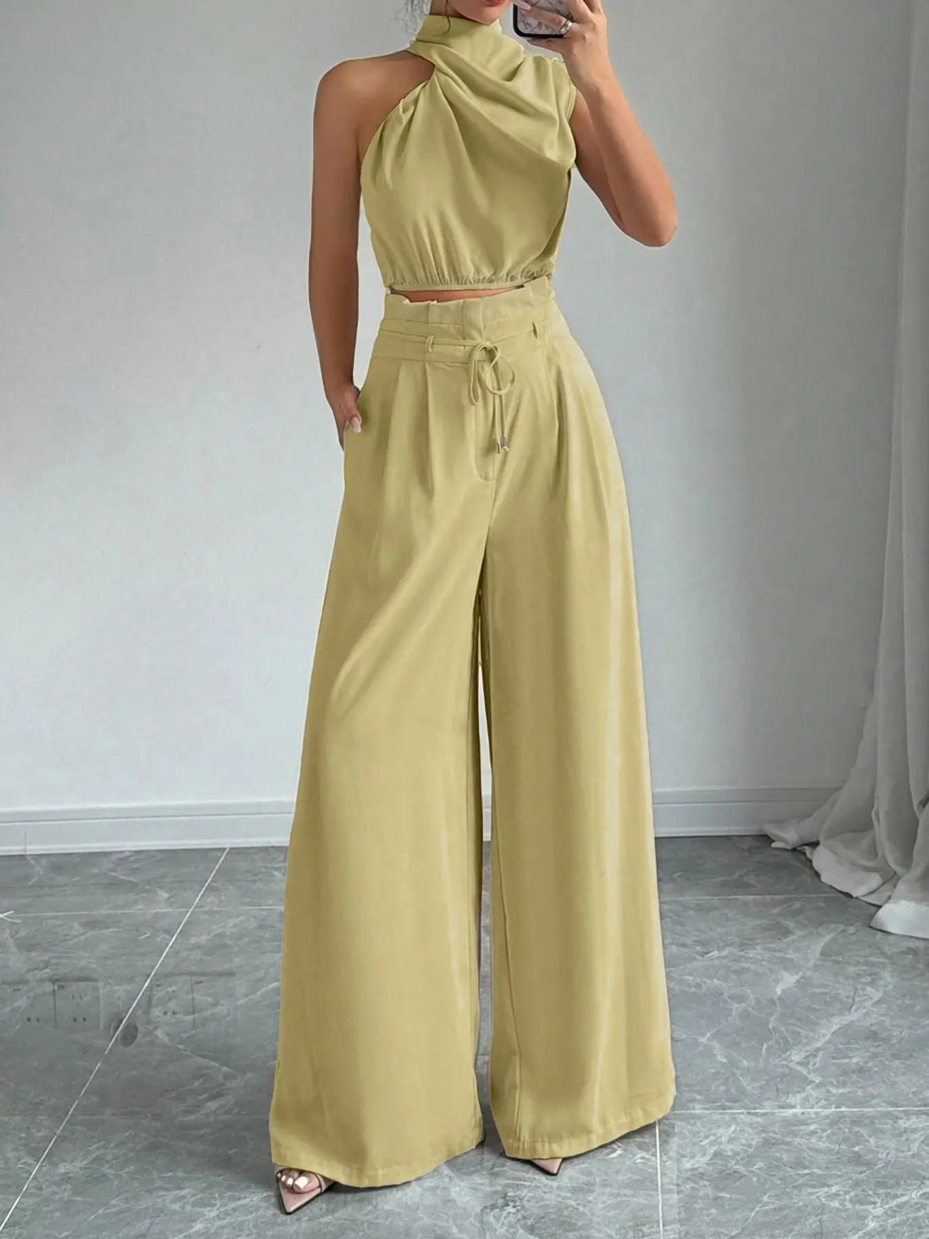 Women's Elegant Two-Piece Set, Irregular Crop Top & Wide-Leg Pants