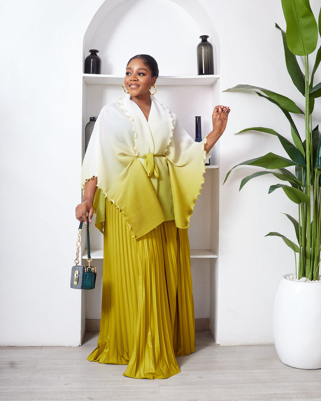 IVORY X OLIVE RUFFLE DETAIL BATWING TOP X PLEATED SKIRT MIYAKI SUIT SET