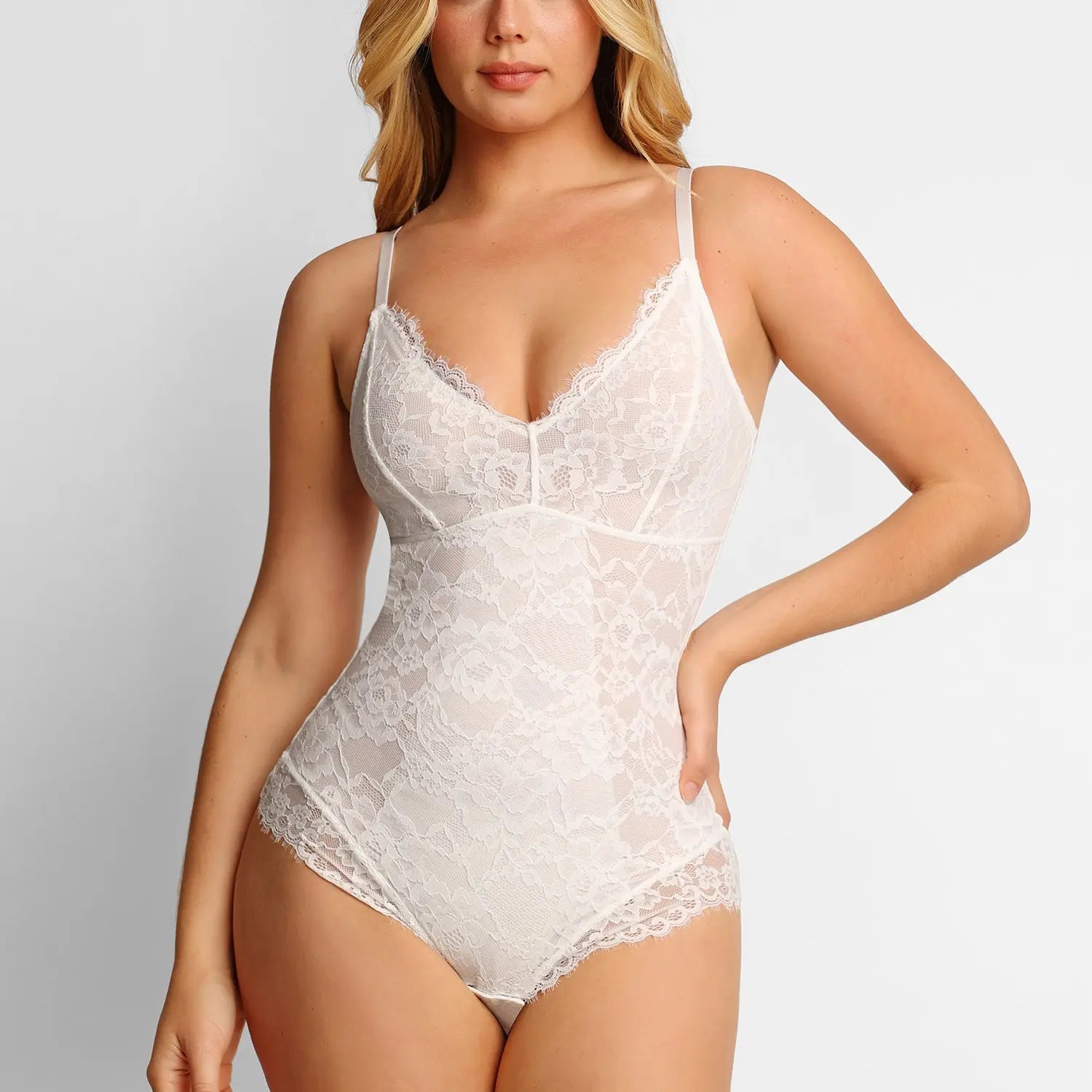 Popilush Basic Full Lace Built in Shapewear Bodysuit Women Vneck Compression Sleeveless Thong Tummy Control Backless Adjustable Sexy Bodysuit Womenswear Summervibe