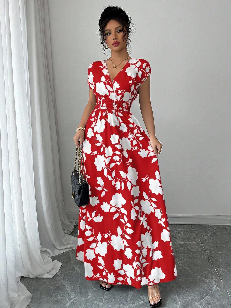 Elenzga Women V-Neck Allover Print Casual Long Dress