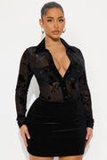 Celine Collar Flocked Mesh Mini Dress - Black