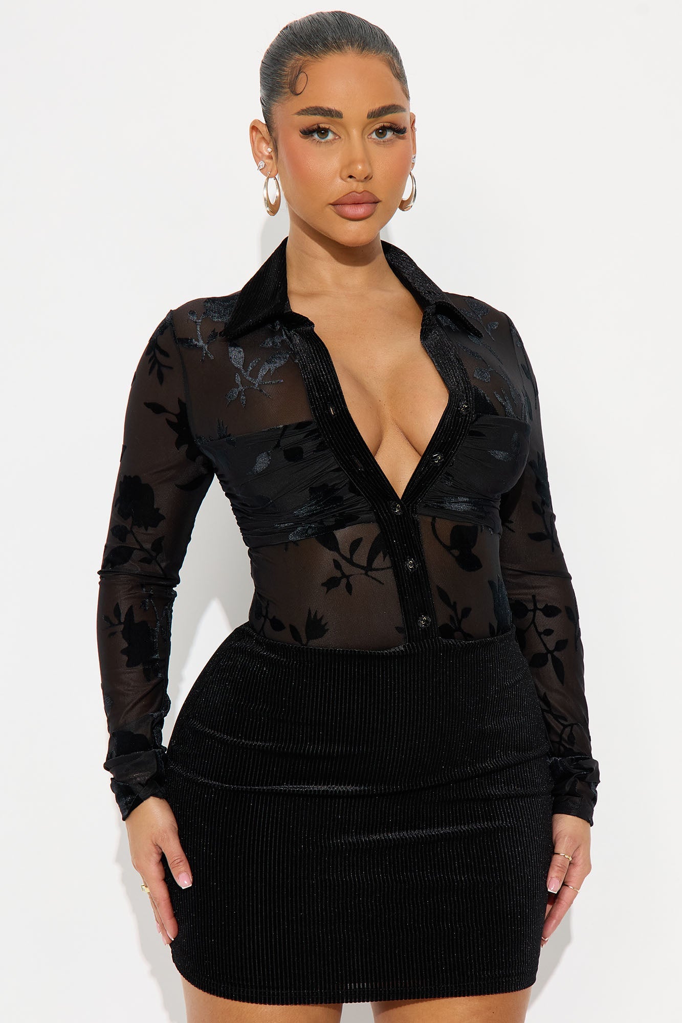 Celine Collar Flocked Mesh Mini Dress - Black