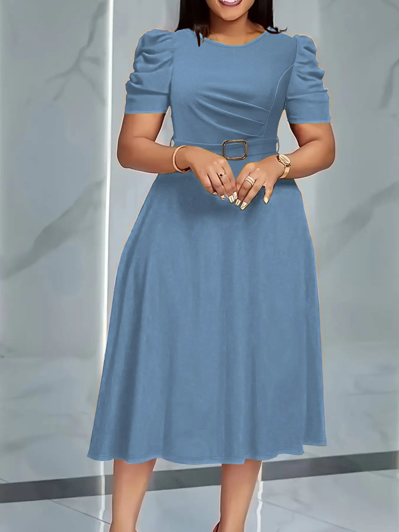 Summer Camel Bubble Sleeve Midi Dress with Waist Belt