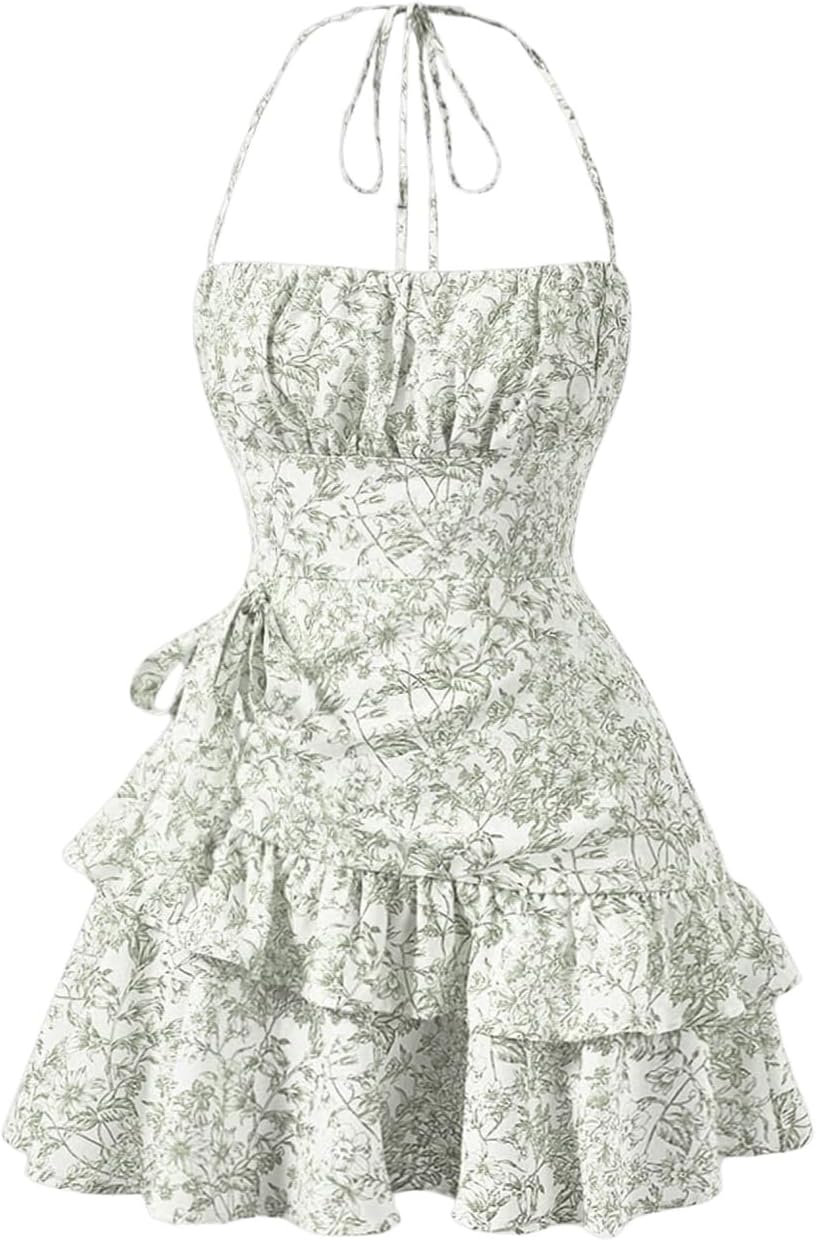 Floerns Women's Floral Halter Ruffle Tiered Cute Summer Mini Dress Milkmaid Vacation Sundress