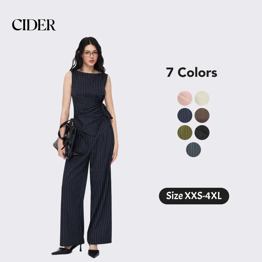 Cider Boat Neck Striped Wrap Knotted Top & Mid Rise Straight Leg Trousers Set– Office & Weekend Casual SwimWeek
