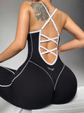 Women's Seamless High Stretch Knit Halter Sporty Jumpsuit Tight Fit Nine-Quarter Pants, Back Cross Shoulder Straps, Outdoor Cycling Gym Yoga Daily Wear