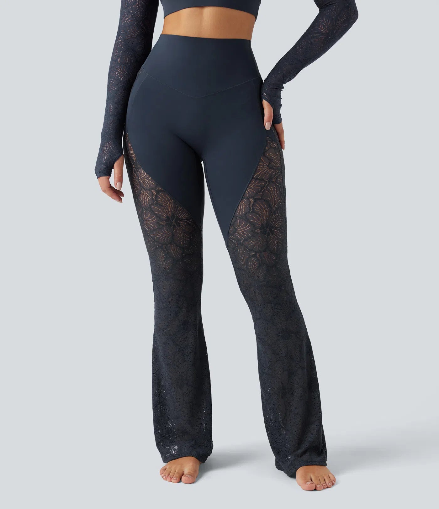 UltraSculptTM High Waisted Tummy Control Contrast Lace Yoga Flare Leggings with Pocket
