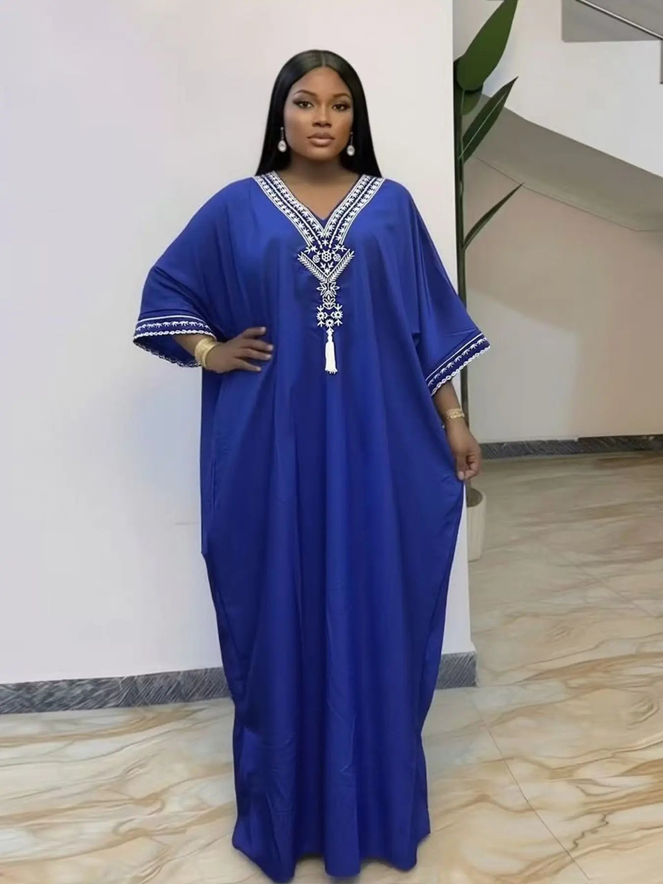 Women's Summer Solid Color Embroidered Fringe Caftan Casual Dress with Pockets and Side Slit