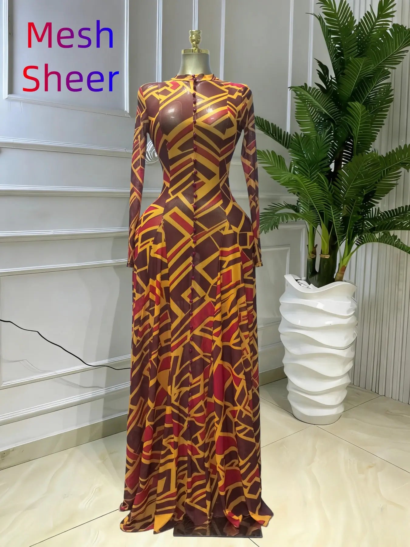 Women's O-Neck Long Sleeve Woven Maxi Dress, Tie-Dye Print, Romantic Valentine's Day Party Outfit Gown, Sexy Mesh Sheer Dress, Spring Sexy Club Street Evening Wear Lady Skirts