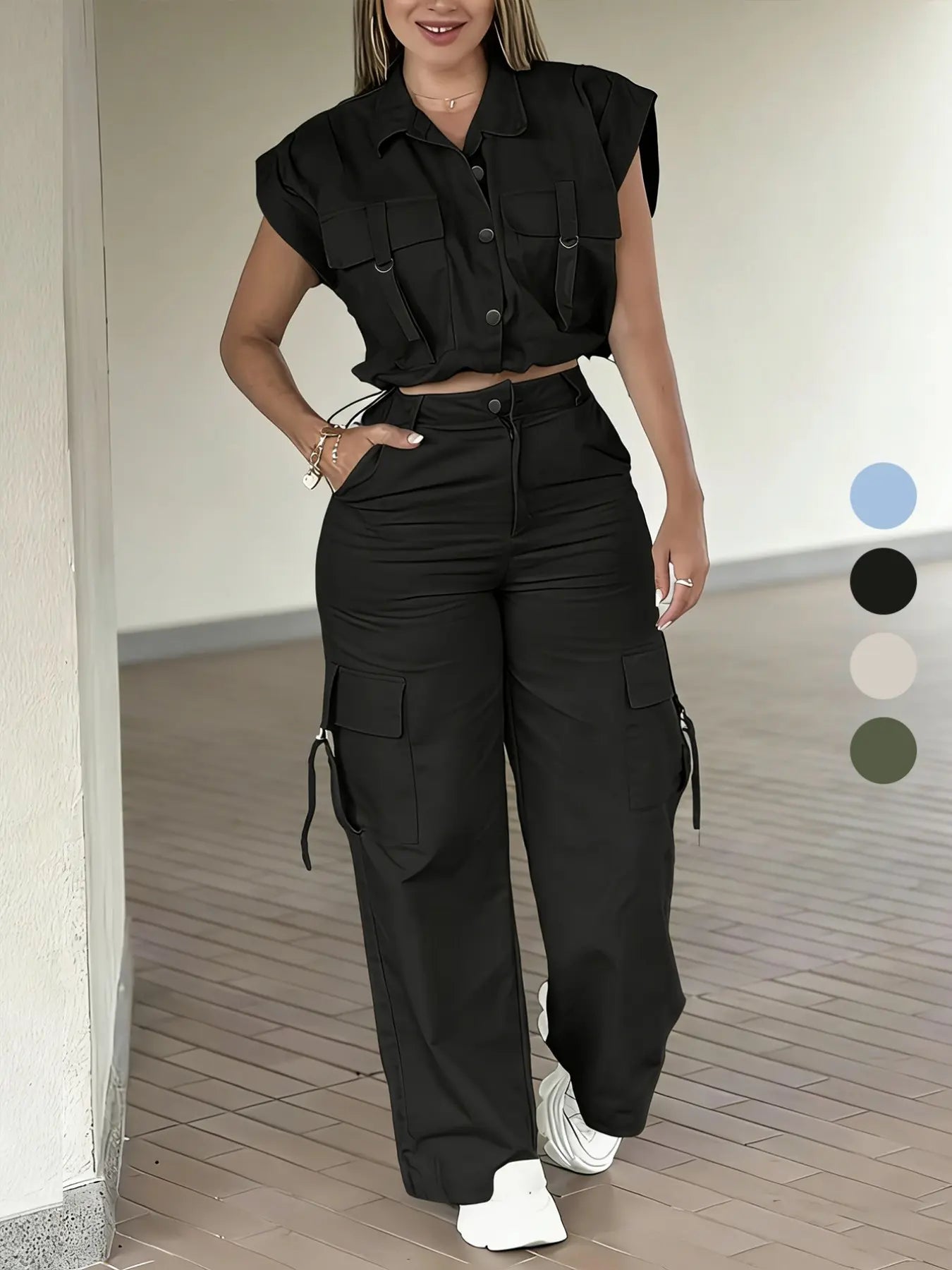 Women's Solid Button Front Tank Top & Cargo Pants, Pockets, Casual Fashion Cozy Two-piece Set for Daily Outdoor Wear, Ladies Clothes for Summer, Womenswear Aesthetic