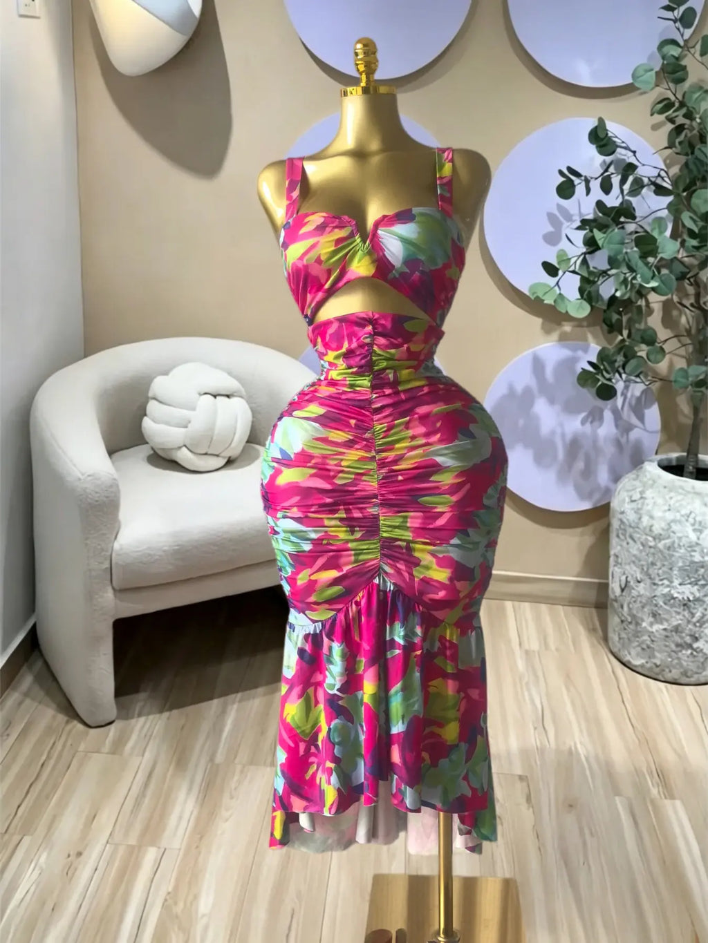 Elegant Women's Tropical Floral Print Cut Out Ruched MIdi Prom Dress, Summer Birthday Party Outfit Club Cocktail Gown, Lady Casual Skirt,Female Brunch Dresses,Graduation Dresses