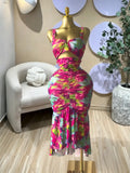Elegant Women's Tropical Floral Print Cut Out Ruched MIdi Prom Dress, Summer Birthday Party Outfit Club Cocktail Gown, Lady Casual Skirt,Female Brunch Dresses,Graduation Dresses