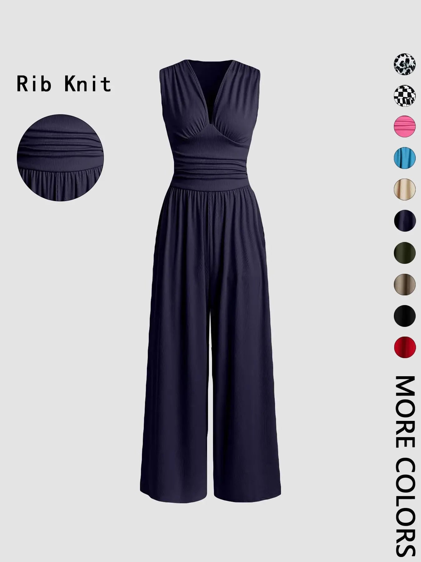Women's Plain Ruched Deep V Neck Wide Leg Jumpsuit, Casual Sleeveless Ribbed Jumpsuit for Daily Wear, Ladies Clothes for All Seasons, Womenswear Basic Minimalist