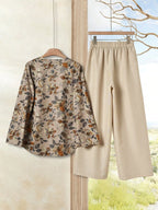 2pcs Women Contrast Color Print Shirt And Pants Set Old Money Style Business Casual Woman Blouse Sets For Ladies Two Piece