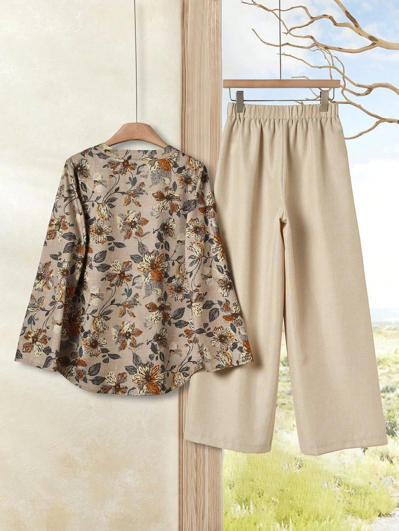 2pcs Women Contrast Color Print Shirt And Pants Set Old Money Style Business Casual Woman Blouse Sets For Ladies Two Piece