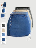 Women's Denim Skirt, Slim-Fitting High-Waist Short Skirt, Basic Casual A-Type Design, Button Closure, Plain Pattern, Summer Fashion