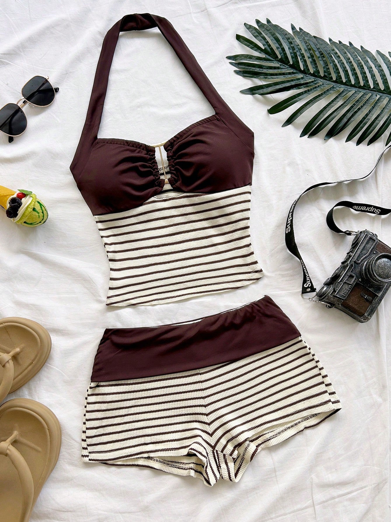 Soleia Women's Vacation Striped Halter Top And Shorts Casual 2 Pieces Set