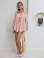 Sunnyshic 2pcs Women White Summer Casual Elegant Vacation Holiday Solid Color Linen Lightweight Button Down Collar Loose Long Sleeve Shirt & Low Waisted Shorts