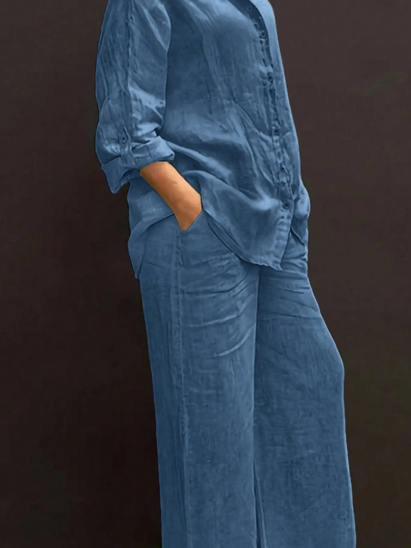 Women's Solid Color Long Sleeve Shirt & Wide Leg Pants Set