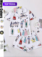 Hamilton Musical Themed Women's Pajama Set, Short Sleeve Shirt Collar Button Soft Top & Elastic Shorts, Casual Home Wear