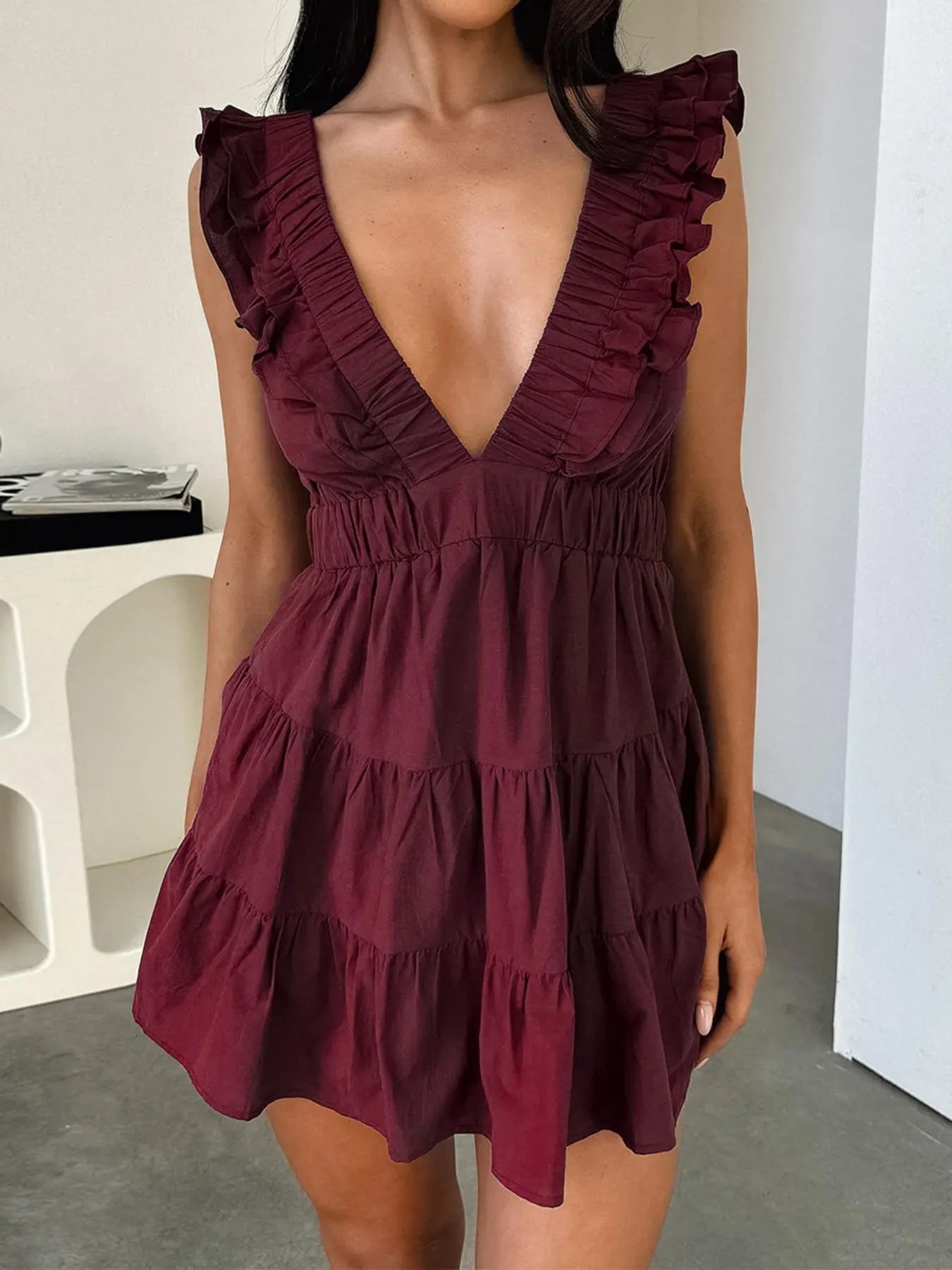 Women's Plain Ruffled Deep V Neck Dress, Casual Breathable Fitted Dress for Summer, Women's Clothes for Daily Wear, Beach Summer Dress, Womenswear