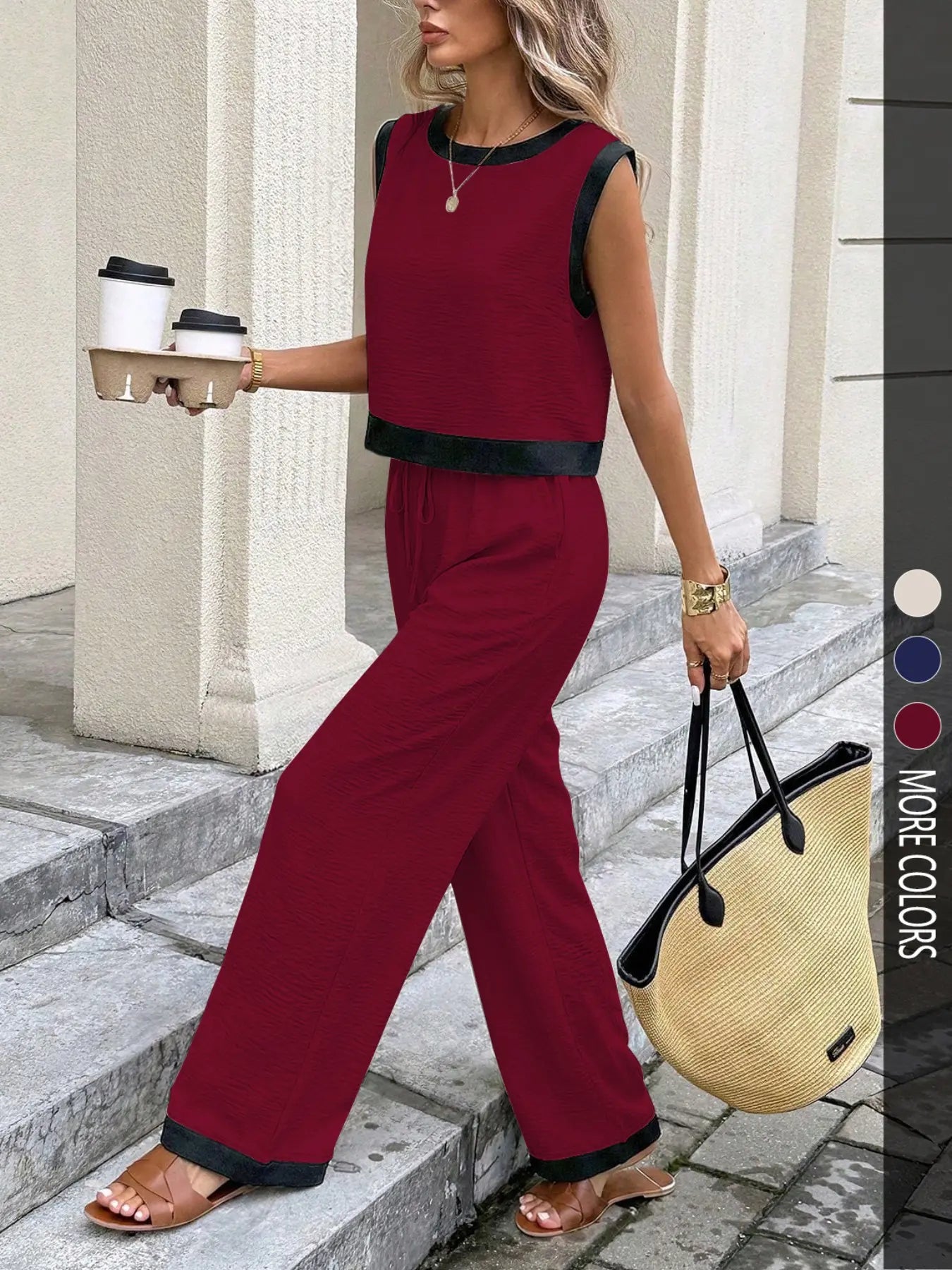 Women's Simple Colorblock Sleeveless Round Neck Top and High Waist Wide Leg Pants Set, Slimming Casual Comfortable for Daily Commute