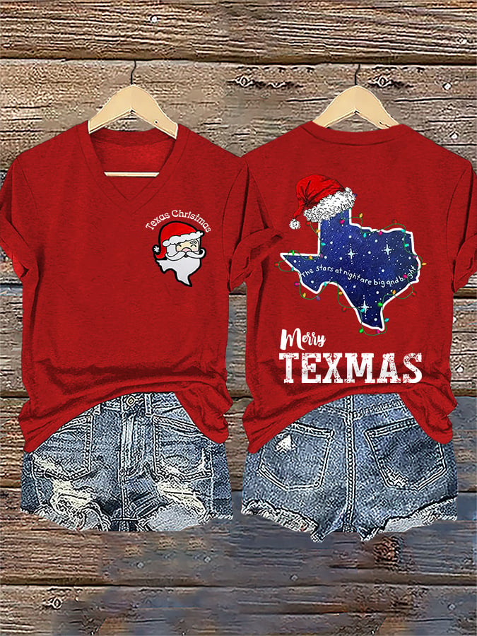 V-Neck Retro Texas Christmas The Stars At Night Are Big And Bright Deep In The Heart Of Texas Print T-Shirt