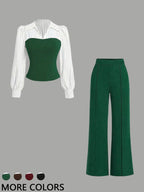 Women's Long Sleeve Colorblock Patchwork Shirt Set, Slimming Waist Design, Straight Leg Pants, Casual Fashion, Chic, Style, 2 Piece Set, Womenswear