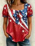 Women's Patriotic Commemorative Art Design Square Neck Retro Short Sleeve T-shirt