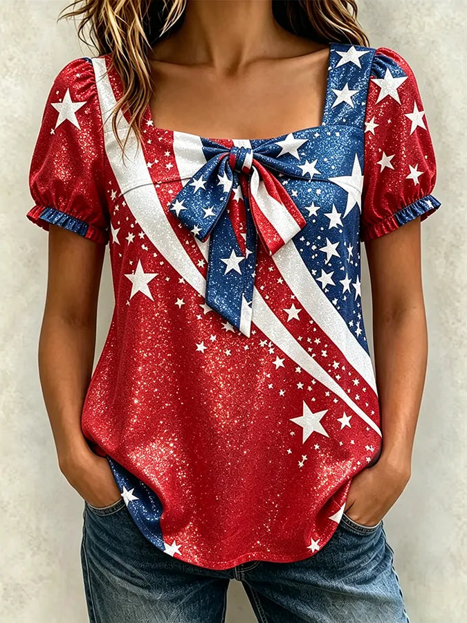 Women's Patriotic Commemorative Art Design Square Neck Retro Short Sleeve T-shirt