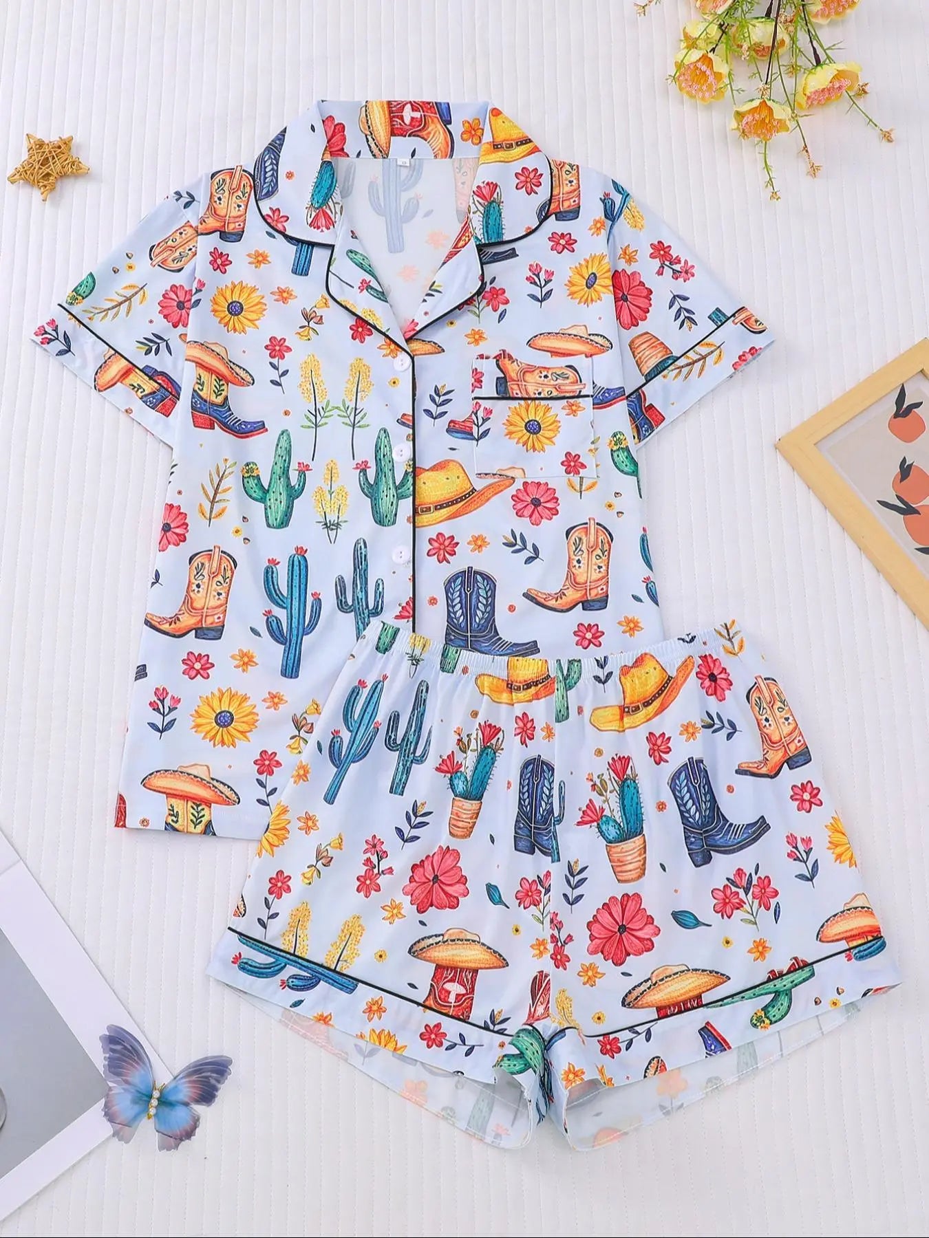 Women's All Over Cowboy Print Lapel Neck Button Front Pajama