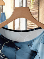 Women's Aqua Blue Summer Casual Vacation Holiday 2 Pieces Set,Abstract Floral Pattern Shirt With Tie Bow & Loose Straight Leg Pants,Vintage Style