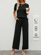 Solid Tee Wide Leg Pants,Casual Travel Coffee Brown Summer