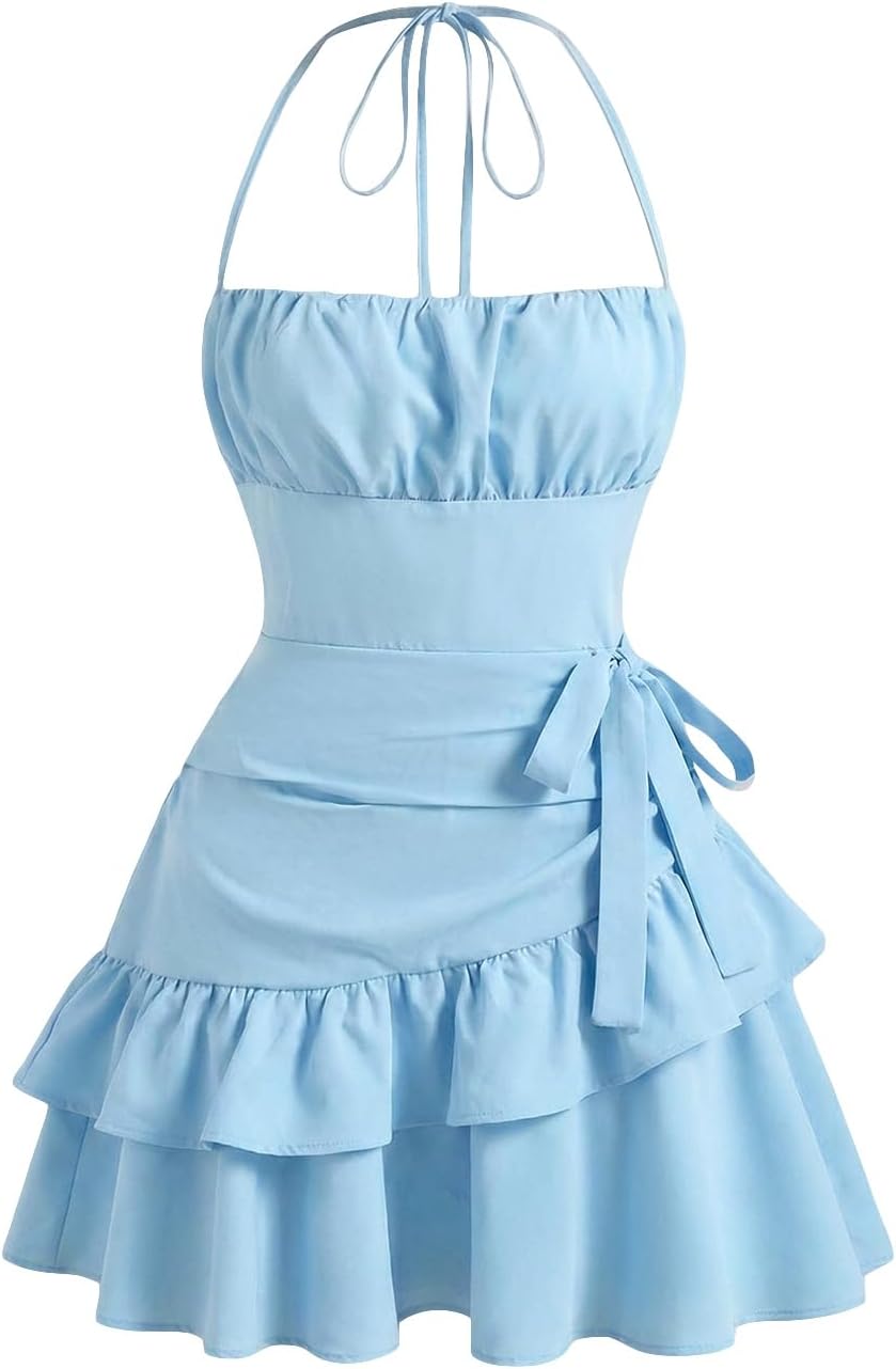 Floerns Women's Floral Halter Ruffle Tiered Cute Summer Mini Dress Milkmaid Vacation Sundress