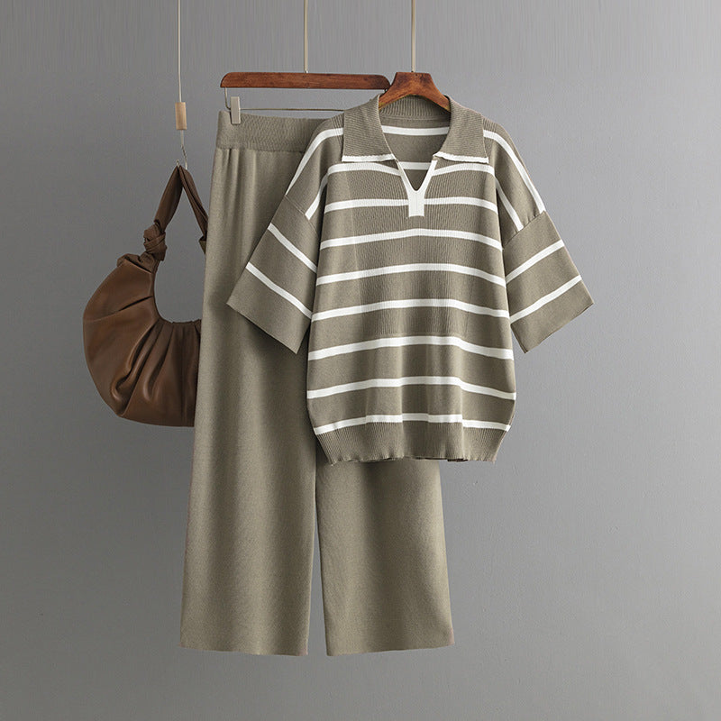 Stylish Striped Top & Solid Color Wide Leg Pants Two-Piece Set