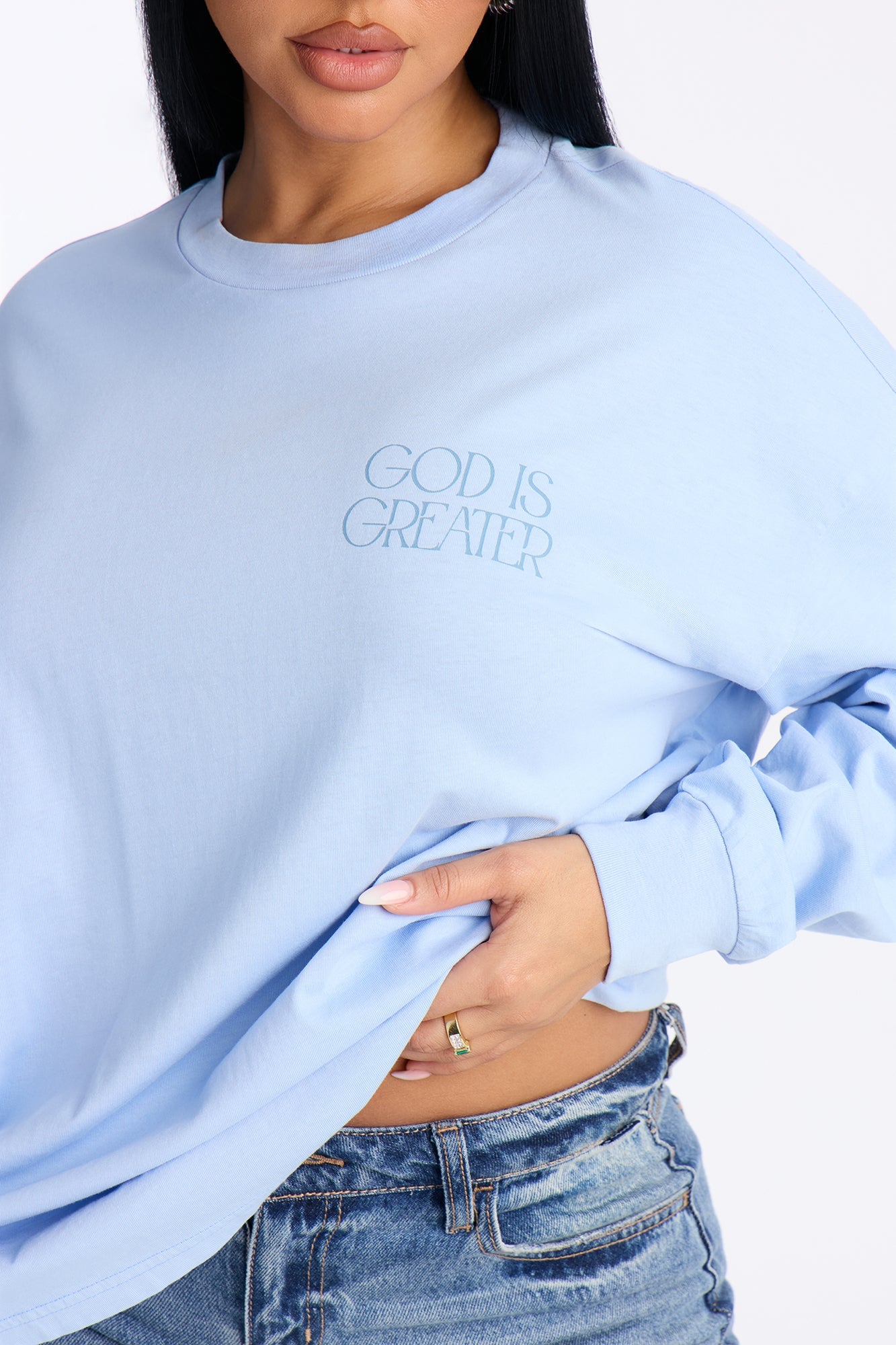 God Is Greater Oversize Long Sleeve Tee - Light Blue
