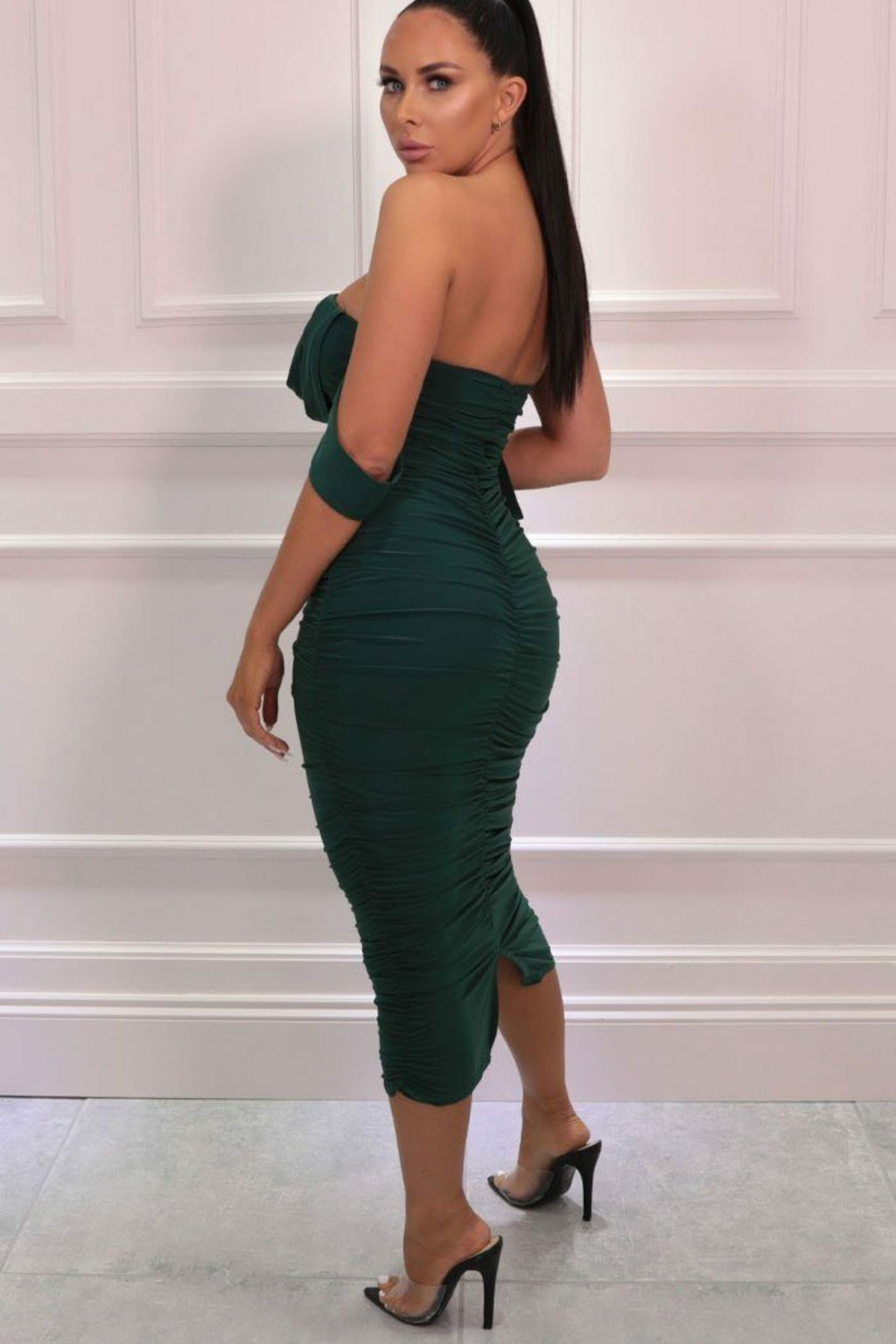 Bardot Cowl Neck Ruched Midi Dress