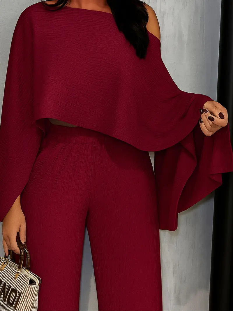 Two-Piece Set Women's Solid Color Knit Top & Elastic Waist Pants