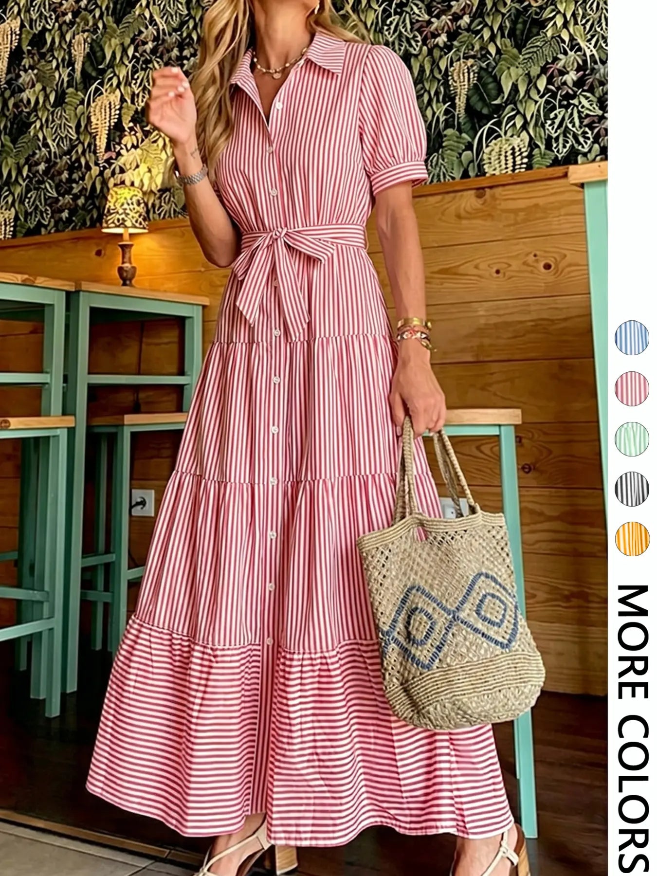 Women's Striped Print Adjustable Belted Button Dress, Elegant Chic Casual Fashion Long Dress for Summer, Breathable Lightweight Dress, Women's Clothing for Daily Wear, Fit, Womenswear, Maxi