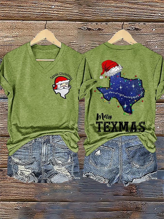 V-Neck Retro Texas Christmas The Stars At Night Are Big And Bright Deep In The Heart Of Texas Print T-Shirt