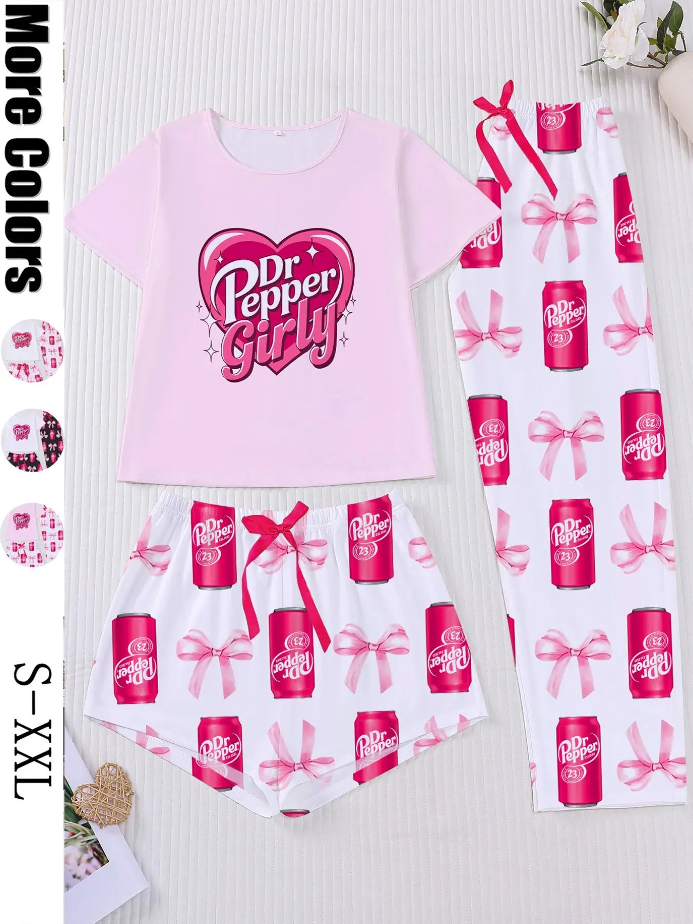 3-Piece Casual Sleepwear Set Pajamas Loungewear for Women Lady with Bow Print