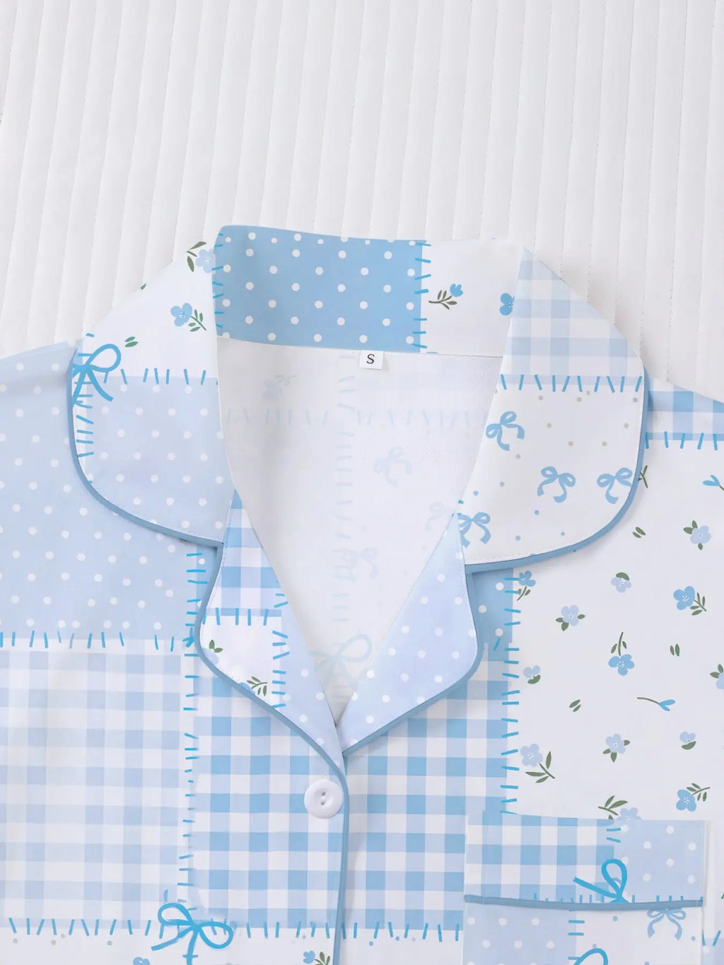 Women's Plaid Floral Bow Print Short Sleeve Shorts Fitted Pajama Set