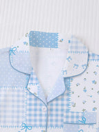 Women's Plaid Floral Bow Print Short Sleeve Shorts Fitted Pajama Set