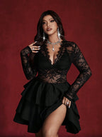 Plus Size Lace Evening Gown with Deep V-Neck and Ruffle Waist