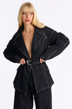 Power Stitched Belted Denim Pant Set - Dark Denim
