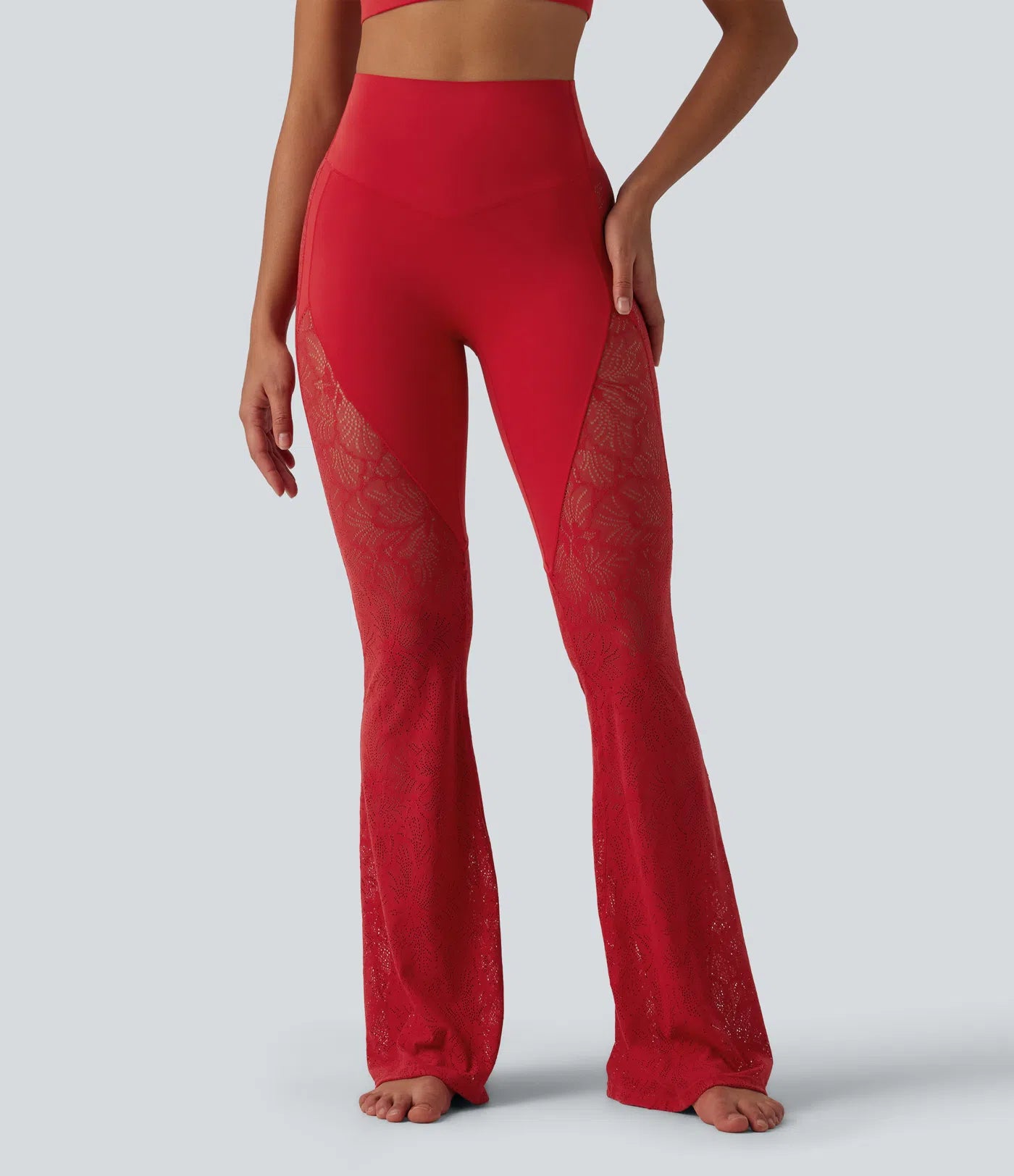 UltraSculptTM High Waisted Tummy Control Contrast Lace Yoga Flare Leggings with Pocket