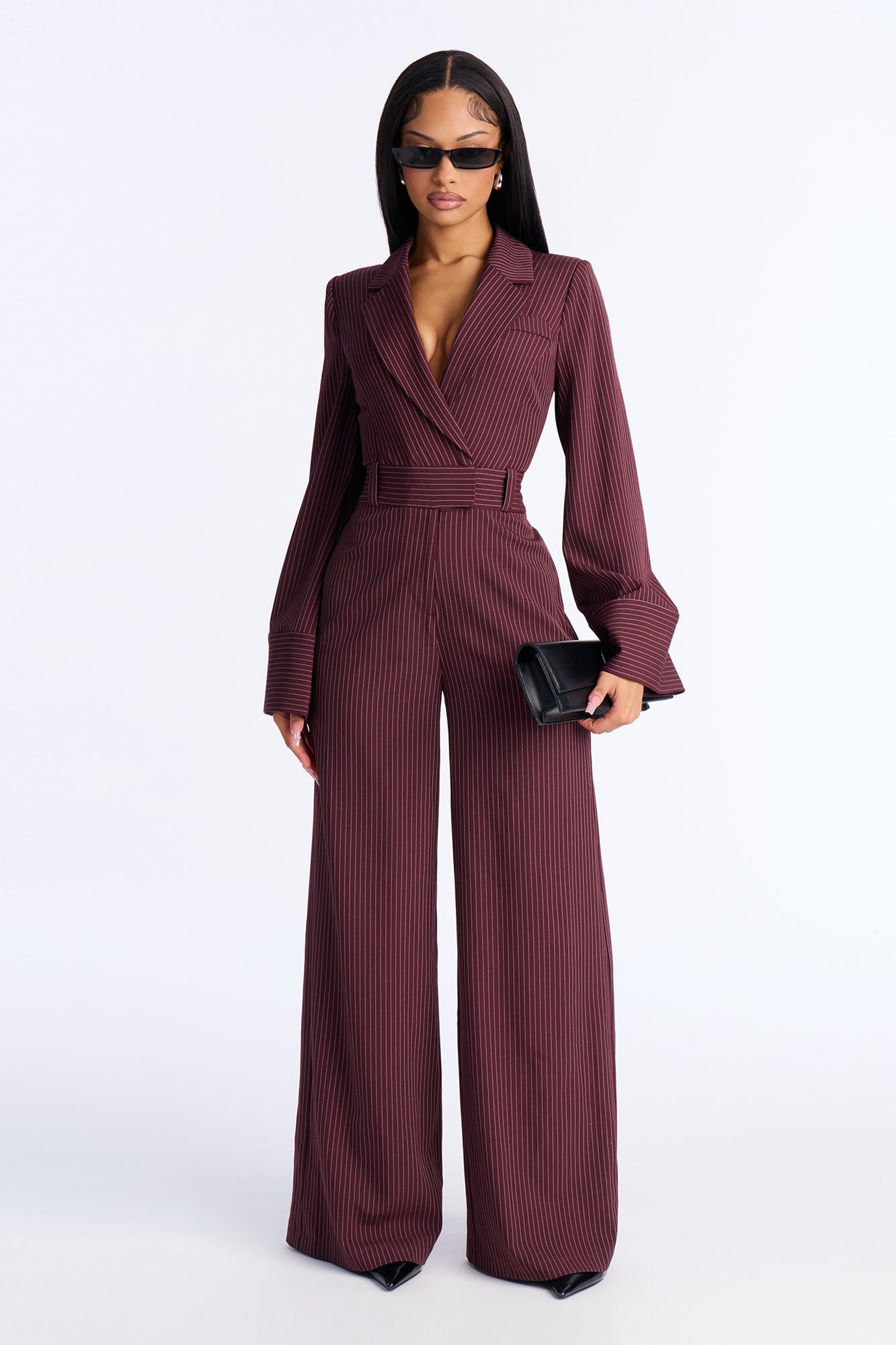 Kylie Blazer Pinstripe Wide Leg Jumpsuit - Black