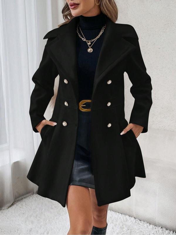 Women's Solid Double Button Pocket Overcoat, Casual Long Sleeve Lapel Neck Outerwear for Fall & Winter, Women's Clothes for Daily Wear, Clothing for Women, Cute Tops