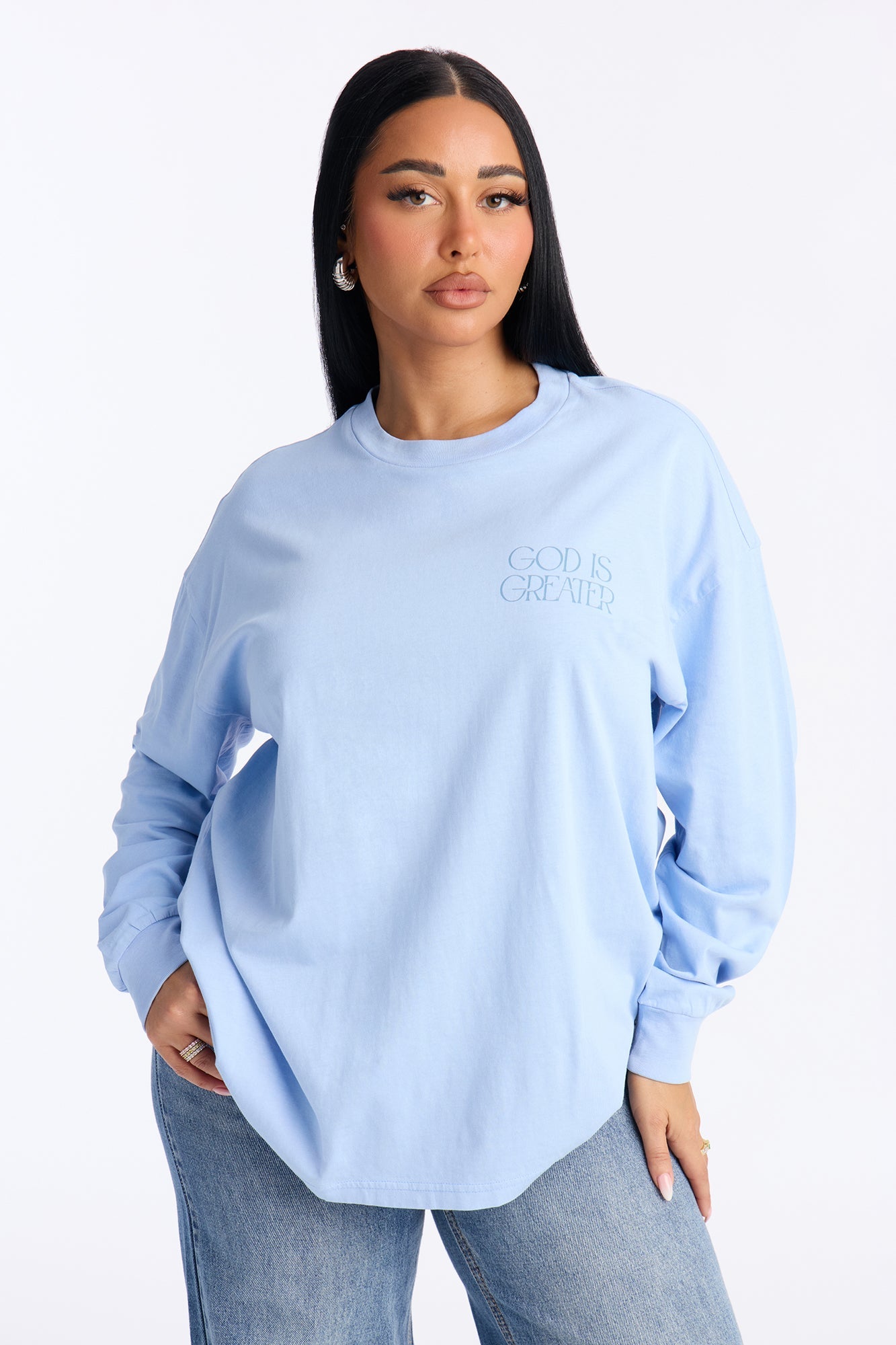 God Is Greater Oversize Long Sleeve Tee - Light Blue